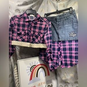 One of a kind! Plaid Crop Top and Denim Skirt Set Upcycled